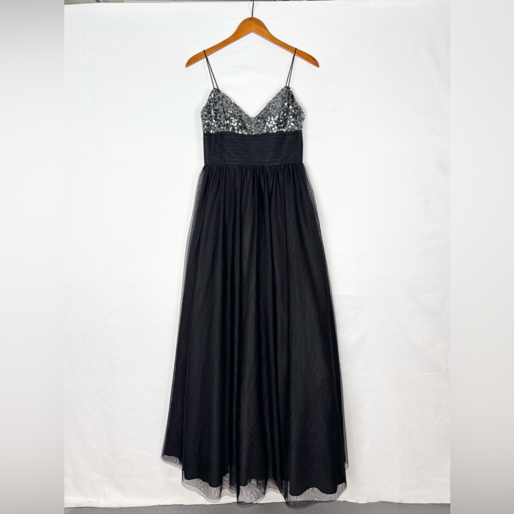 Adrianna Papell Maxi Gown‎ Sequin Dress Black Silver Size 6 Spaghetti Strap